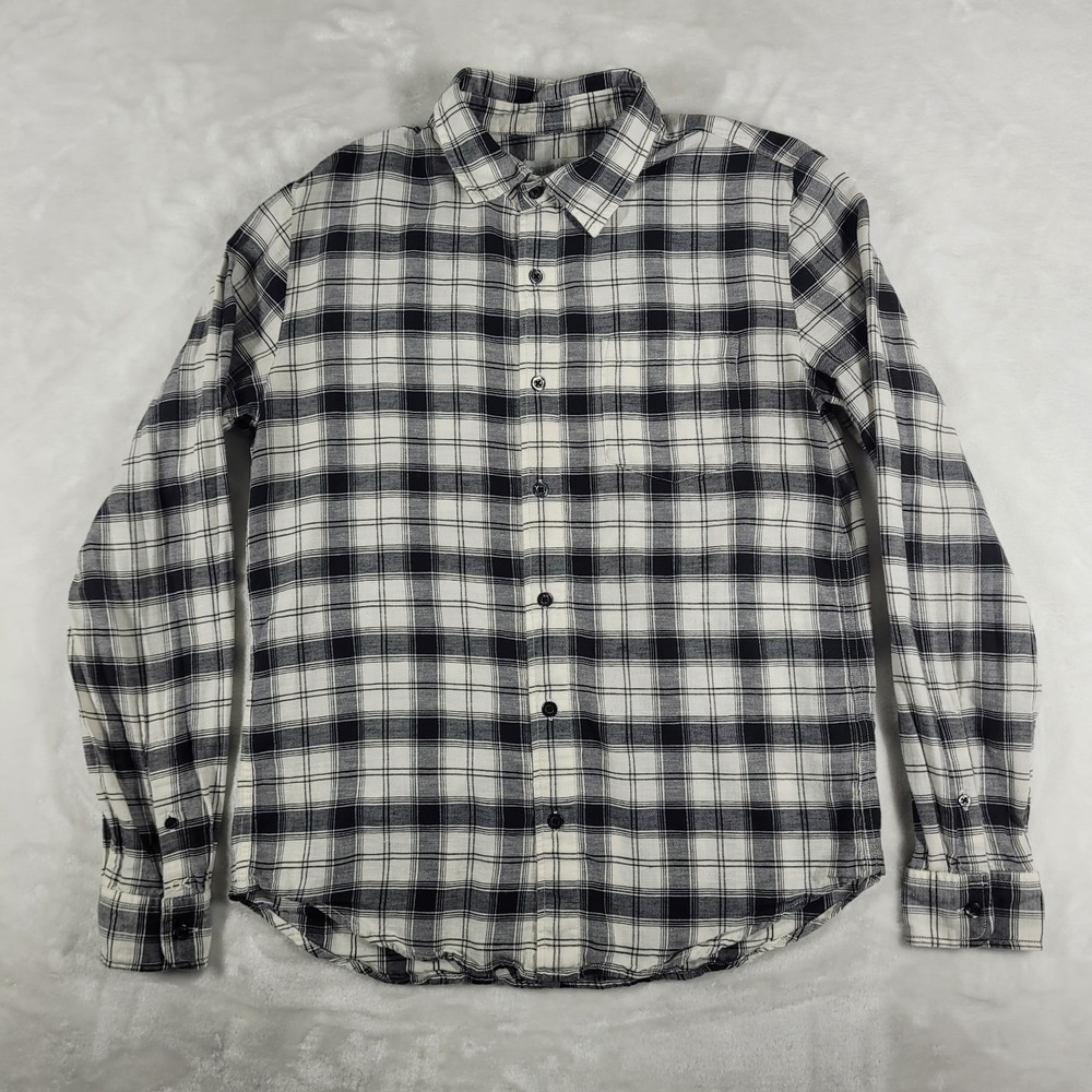 Outerknown Button Up‎ Shirt Men's Small Black White Plaid Lightweight Flannel